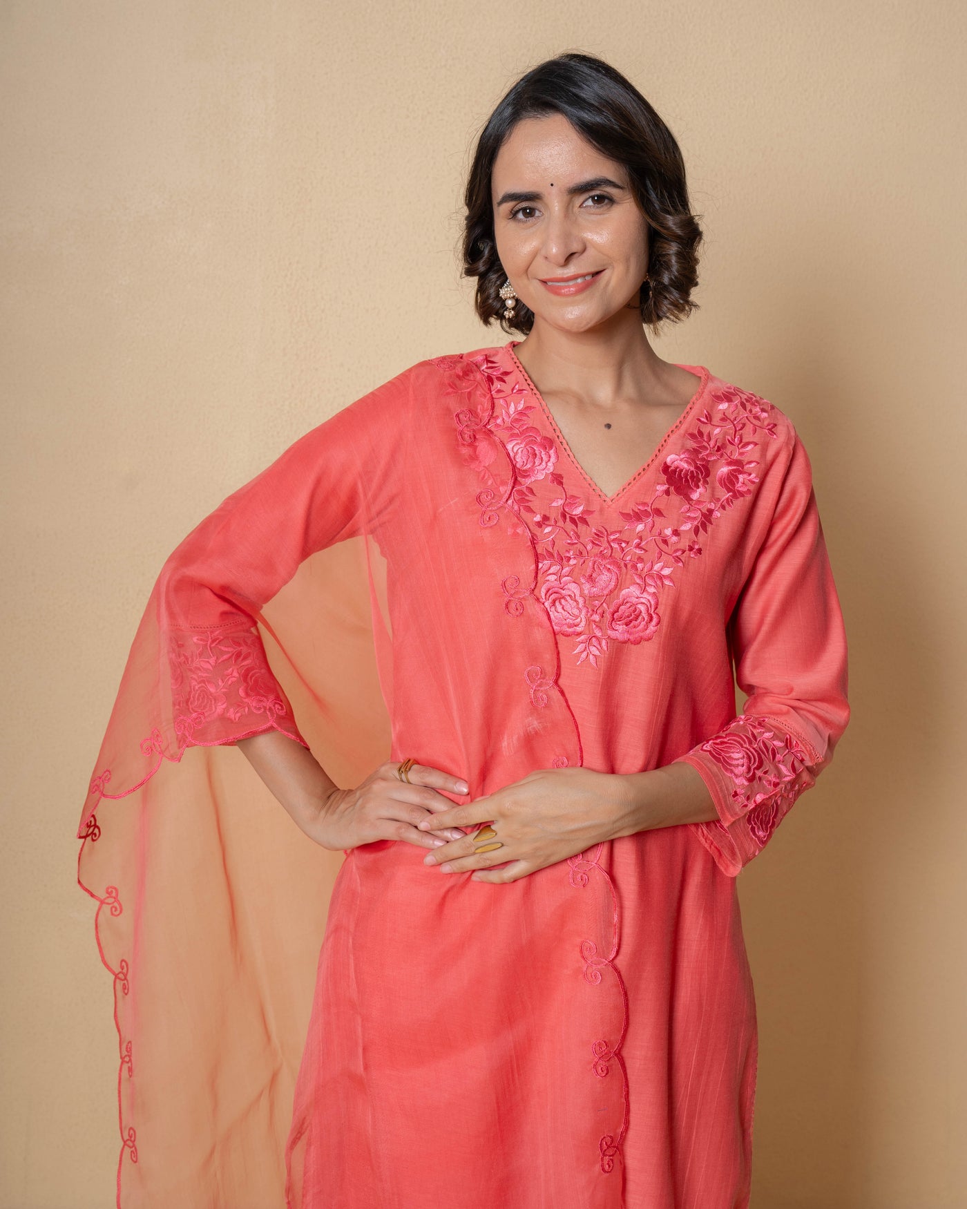Sunset Coral Embroidered Chanderi Suit Set