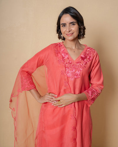 Sunset Coral Embroidered Chanderi Suit Set