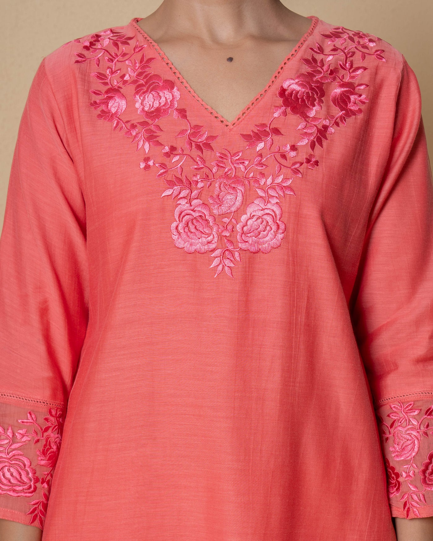 Sunset Coral Embroidered Chanderi Suit Set