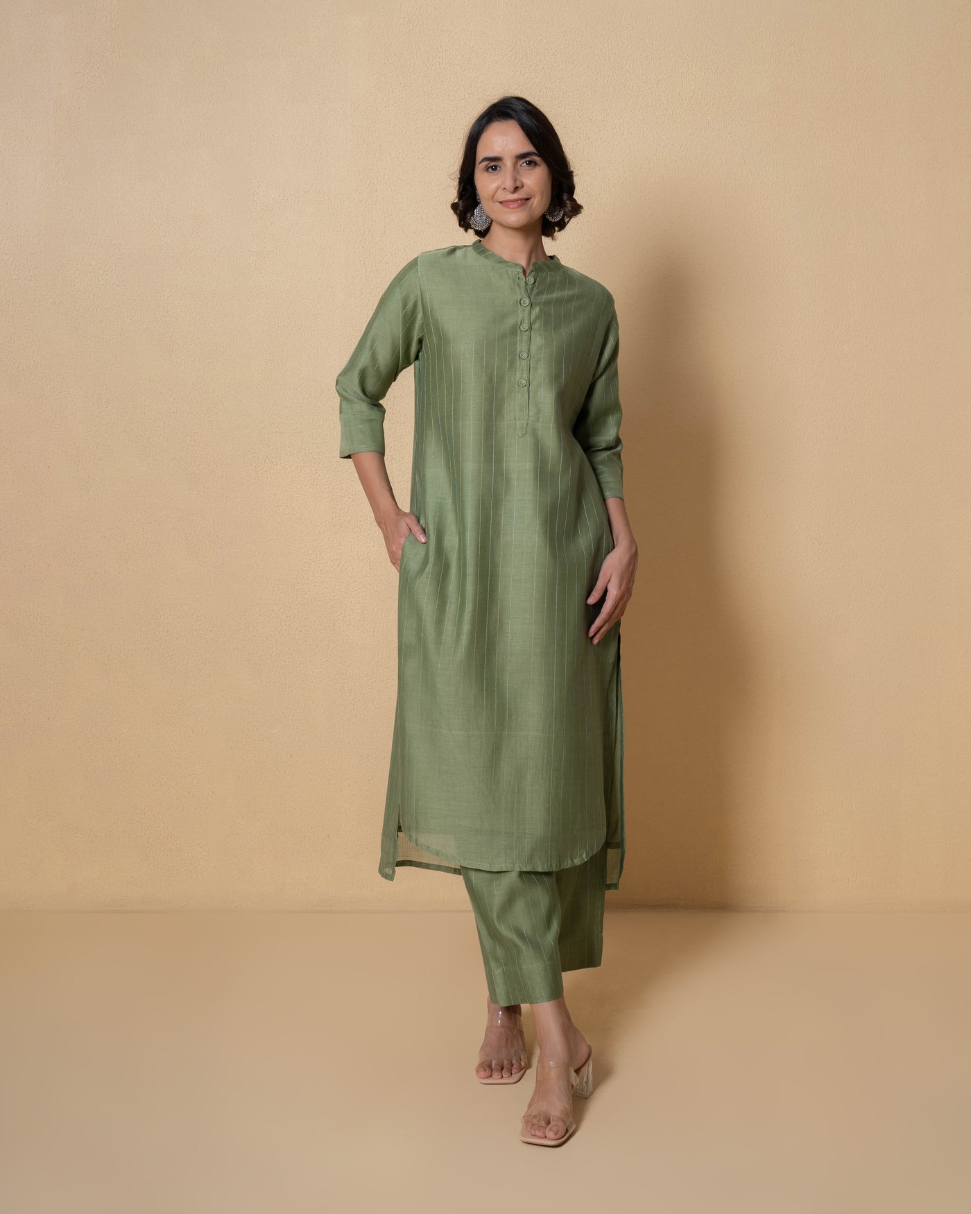 Olive Gleam Self Textured Zari Chanderi Kurta Set