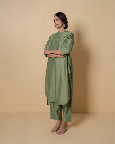 Olive Gleam Self Textured Zari Chanderi Kurta Set