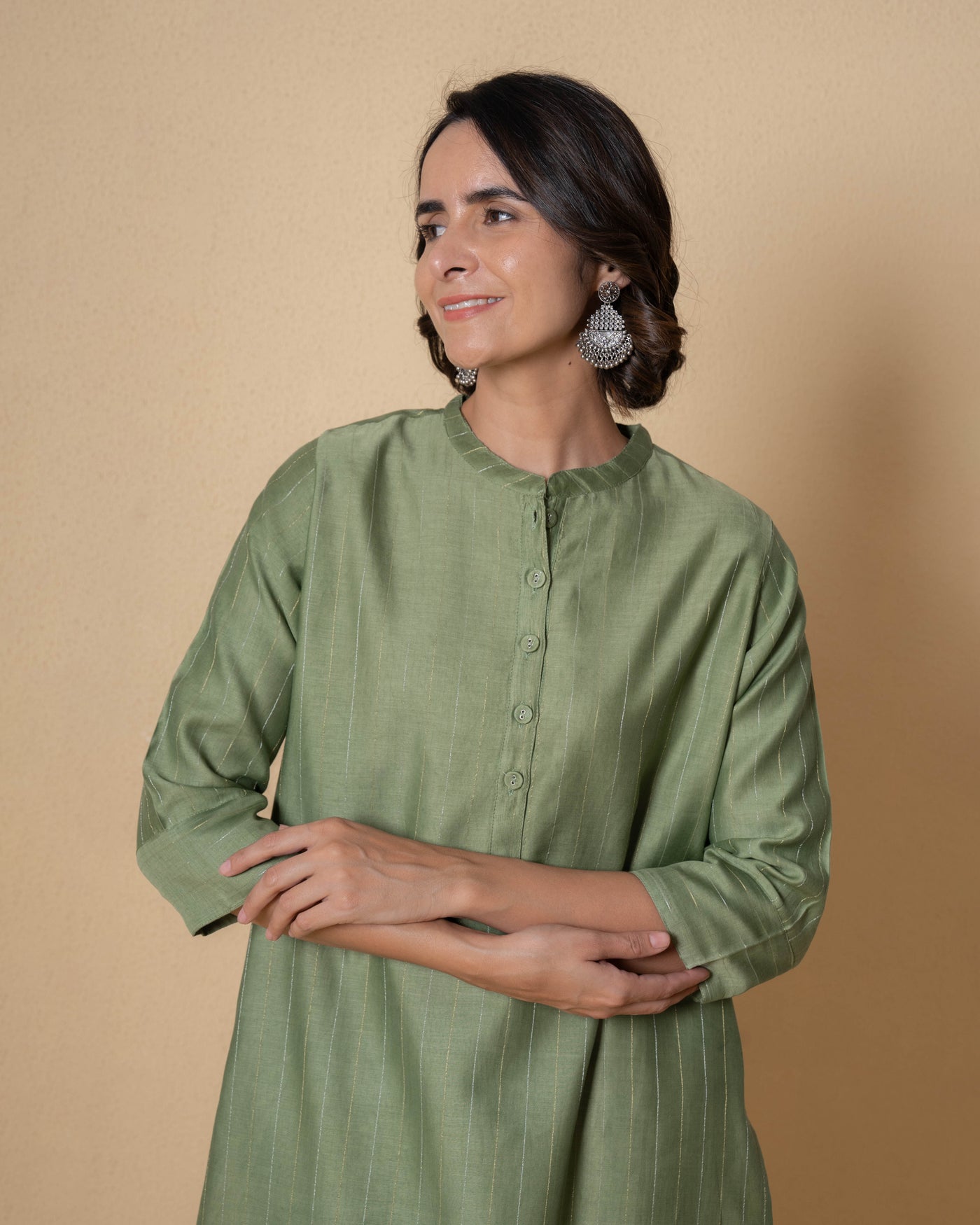 Olive Gleam Self Textured Zari Chanderi Kurta Set