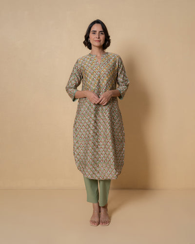 Olive Bloom Block Print Chanderi Kurta Set