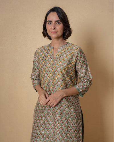Olive Bloom Block Print Chanderi Kurta Set