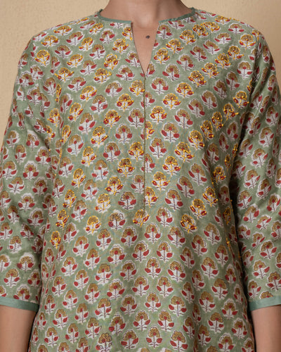 Olive Bloom Block Print Chanderi Kurta Set