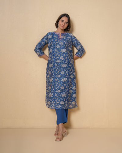 Yale Blue Block Print Chanderi Kurta Set