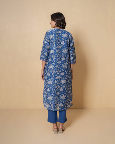 Yale Blue Block Print Chanderi Kurta Set