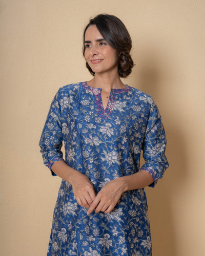 Yale Blue Block Print Chanderi Kurta Set
