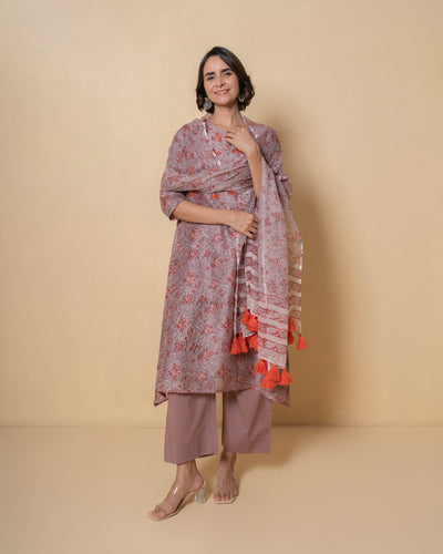 Mauve Tan Block Print Chanderi Suit Set