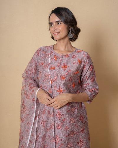 Mauve Tan Block Print Chanderi Suit Set