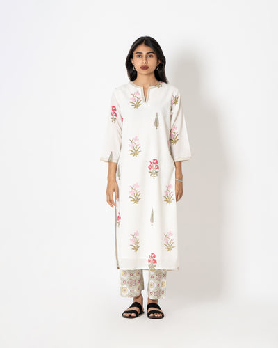 Ivory Bloom Handblock Print Cotton Kurta Set