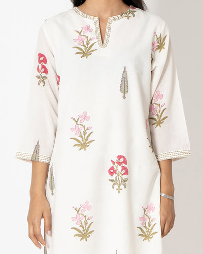 Ivory Bloom Handblock Print Cotton Kurta Set