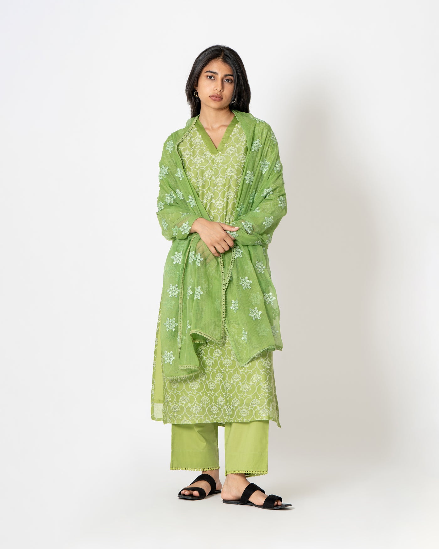 Olive Nature Embroidered Chanderi Suit Set