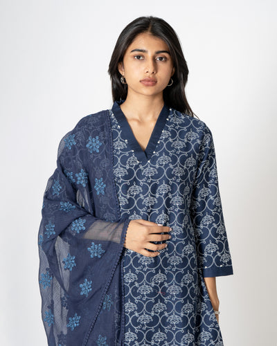 Yankees Blue Embroidered Chanderi Suit Set