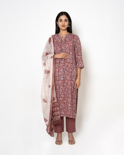 Rosy Brown Handblock Print Twill Suit Set