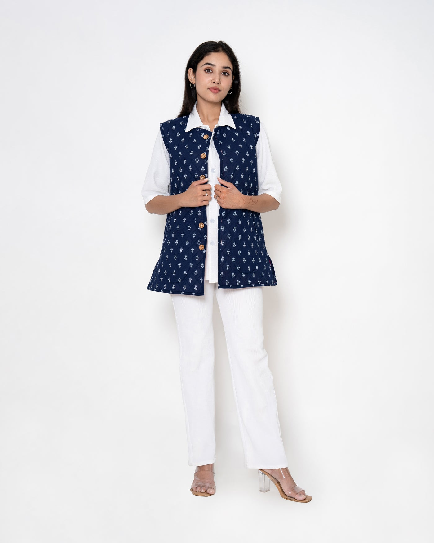 Navy Garden Hand Print Cotton Jacket