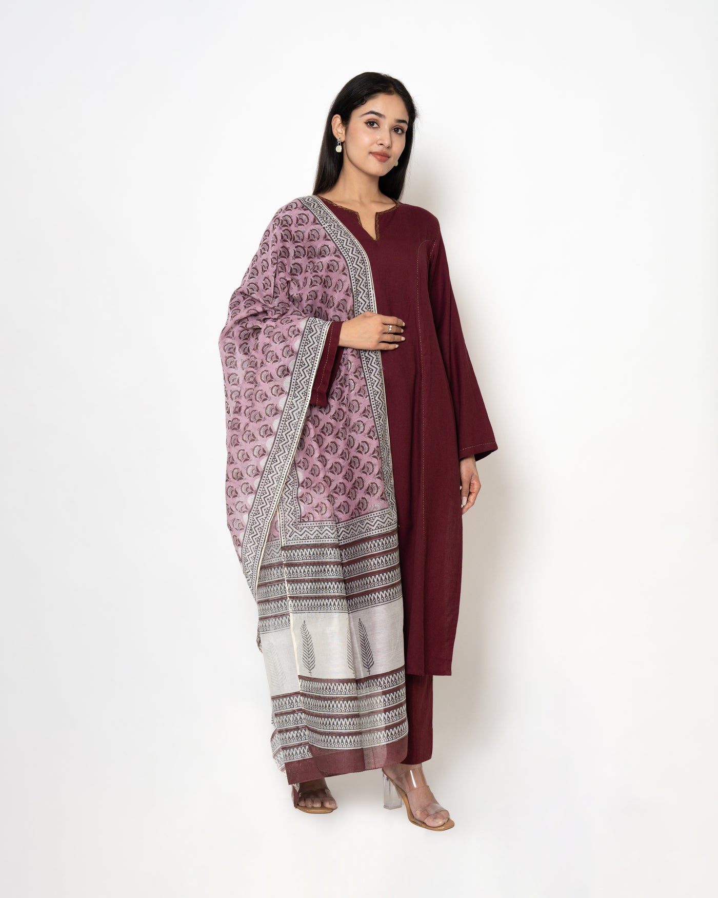 Maroon Meadow Handblock Print Twill Suit Set