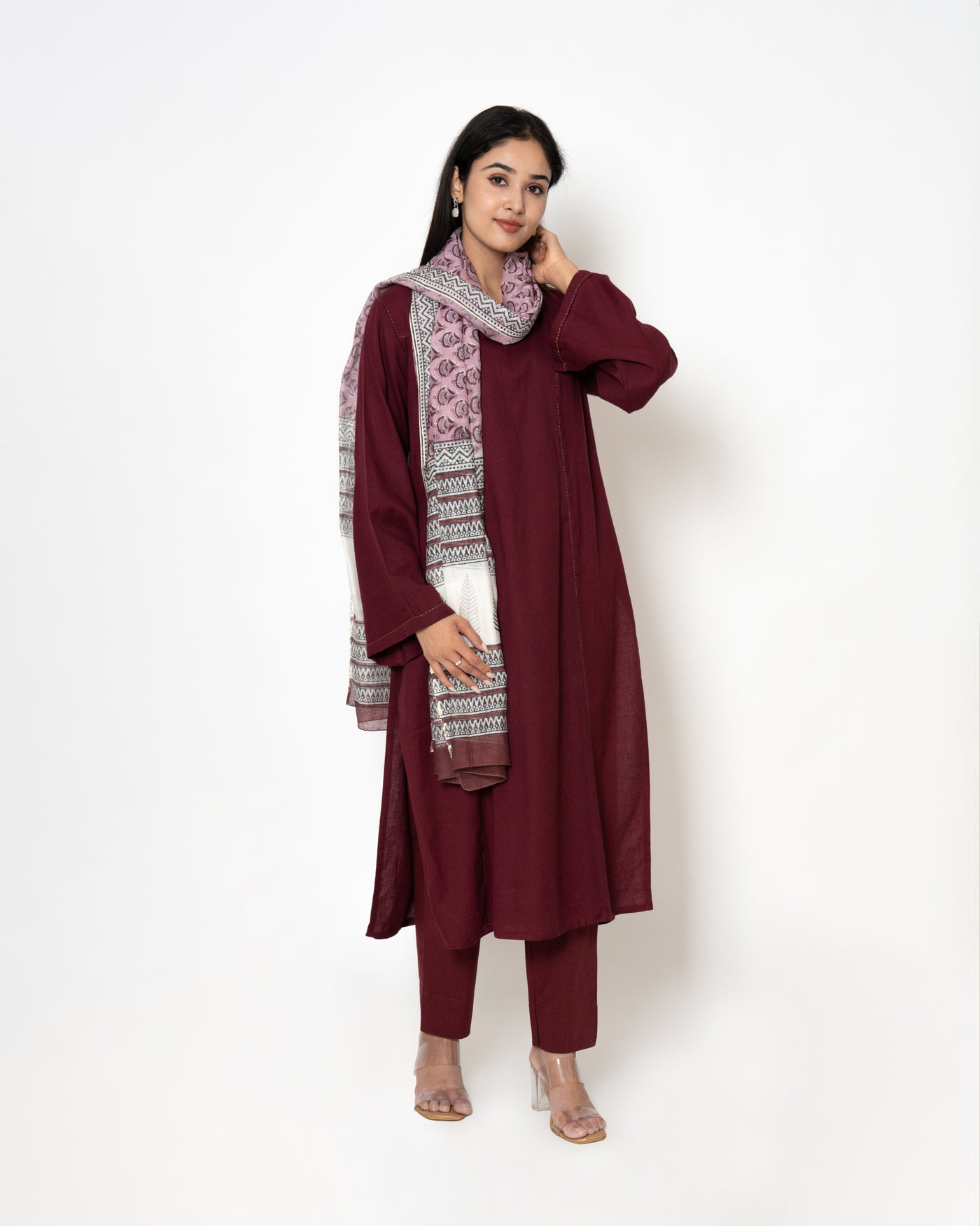 Maroon Meadow Handblock Print Twill Suit Set