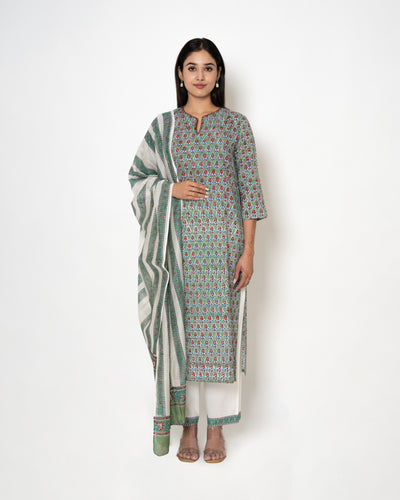 Floral Pistachio Handblock Print Twill Suit Set