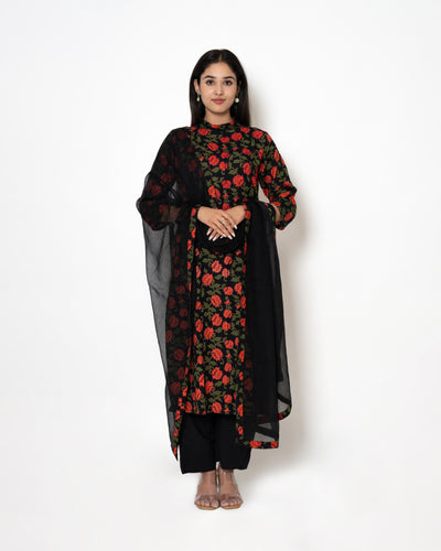 Midnight Garden Handblock Print Black Twill Suit Set