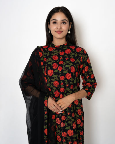 Midnight Garden Handblock Print Black Twill Suit Set