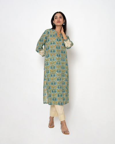 Sea Breeze Handblock Print Blue Cotton Kurta Set