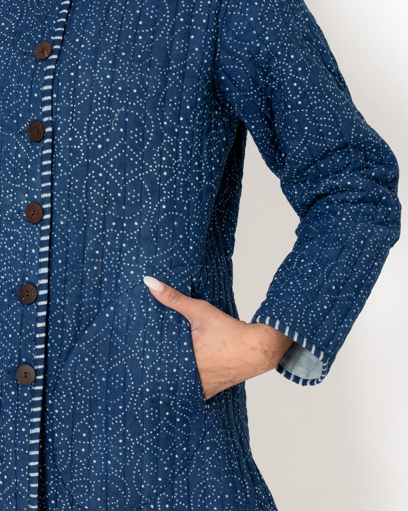 Dotted Navy Hand Print Cotton Jacket