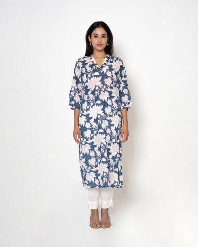 Indigo Petals Handblock Print Cotton Kurta Set