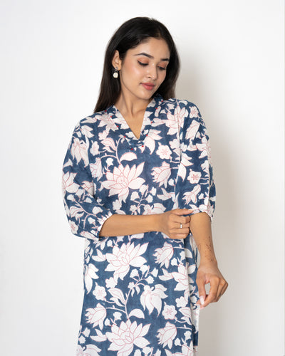 Indigo Petals Handblock Print Cotton Kurta Set