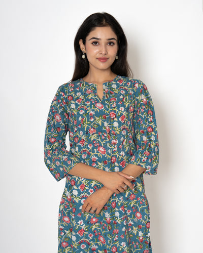 Flora Teal Handblock Print Cotton Kurta Set