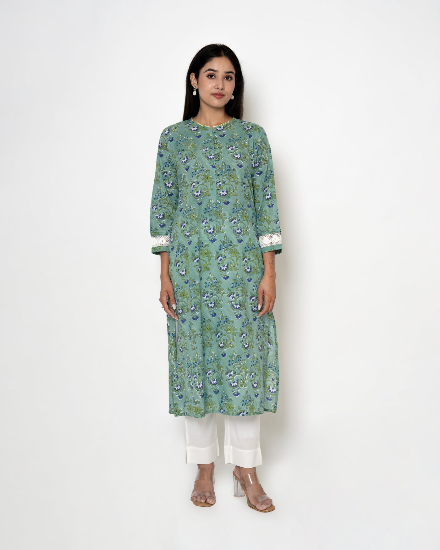 Aqua Green Handblock Print Cotton Kurta Set