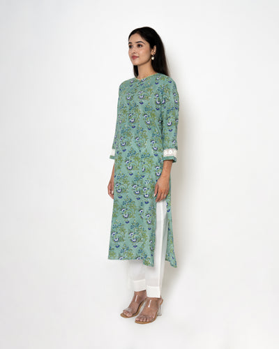 Aqua Green Handblock Print Cotton Kurta Set