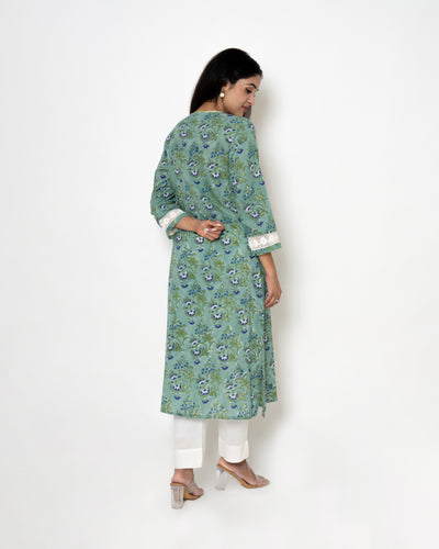 Aqua Green Handblock Print Cotton Kurta Set