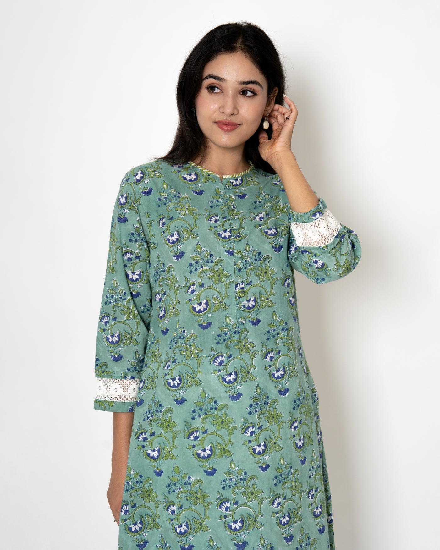 Aqua Green Handblock Print Cotton Kurta Set