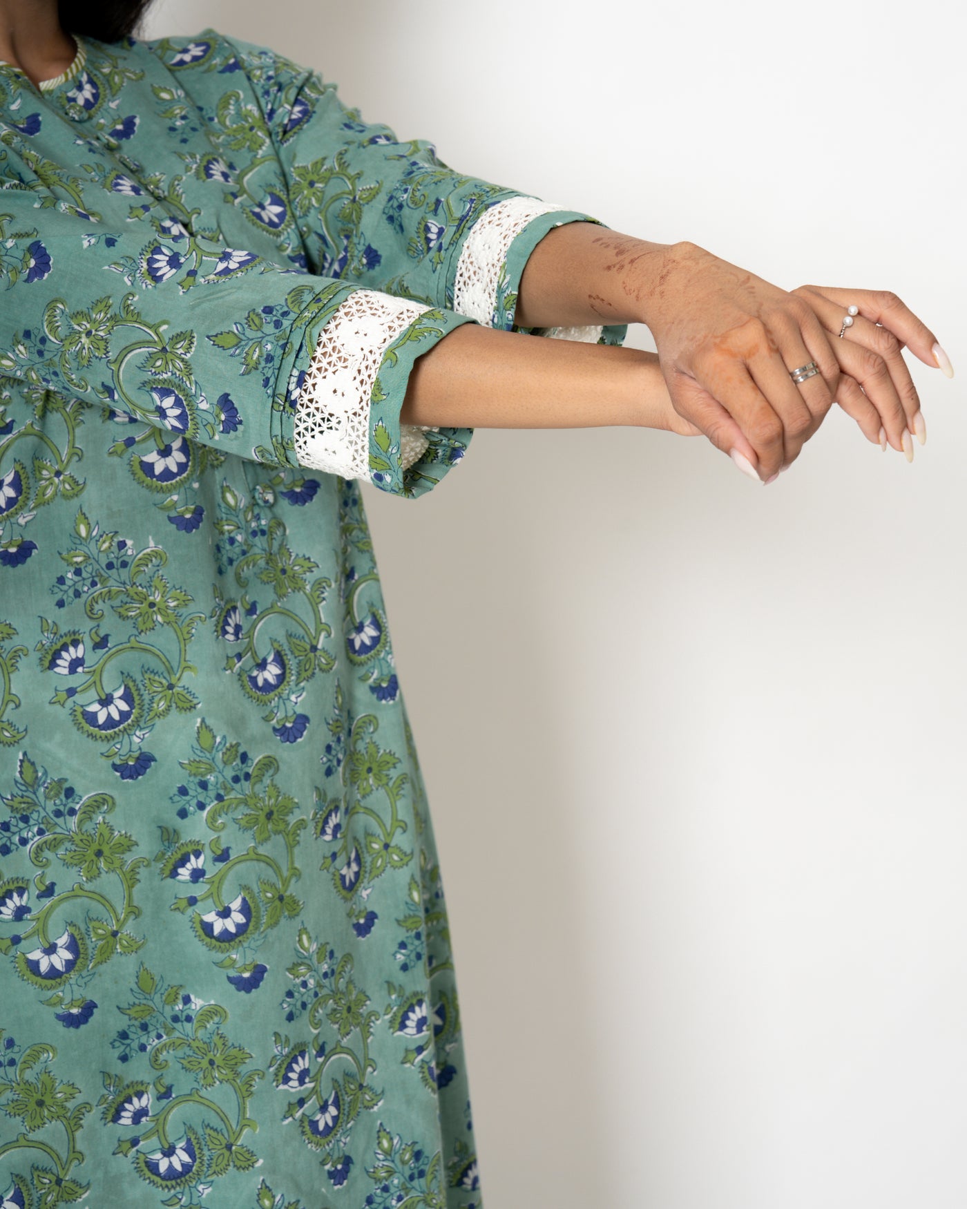 Aqua Green Handblock Print Cotton Kurta Set