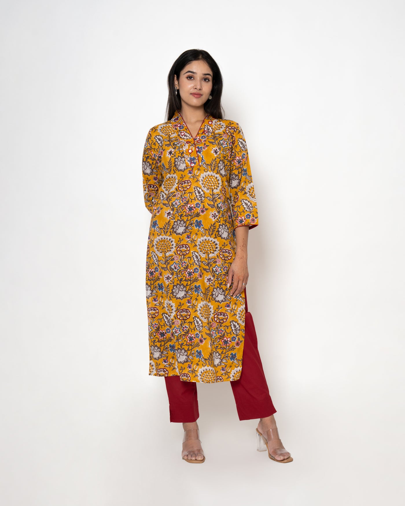 Sunset Bloom Handblock Print Yellow Cotton Kurta Set