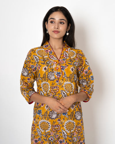 Sunset Bloom Handblock Print Yellow Cotton Kurta Set