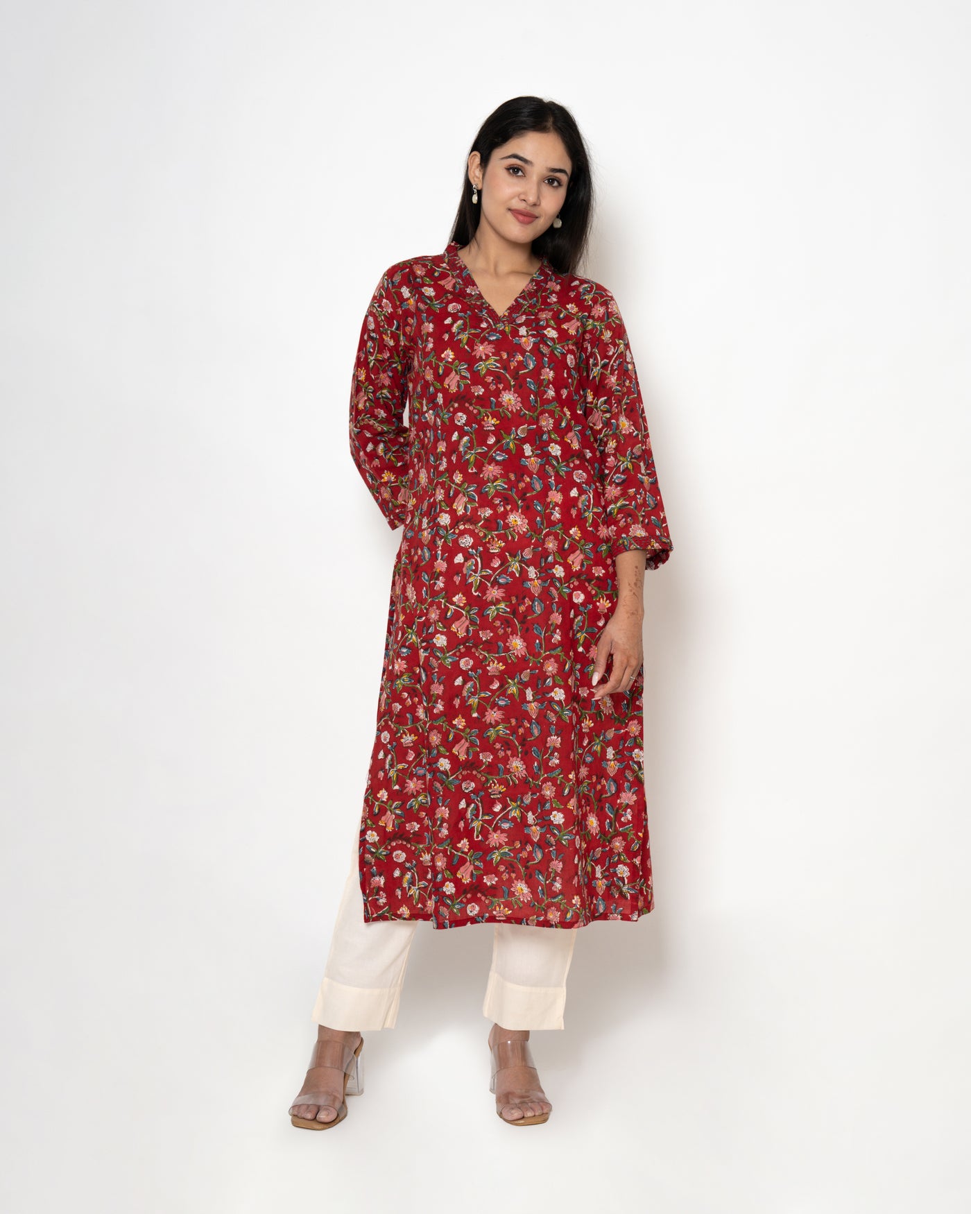 Bloomy Ruby Handblock Print Cotton Kurta Set