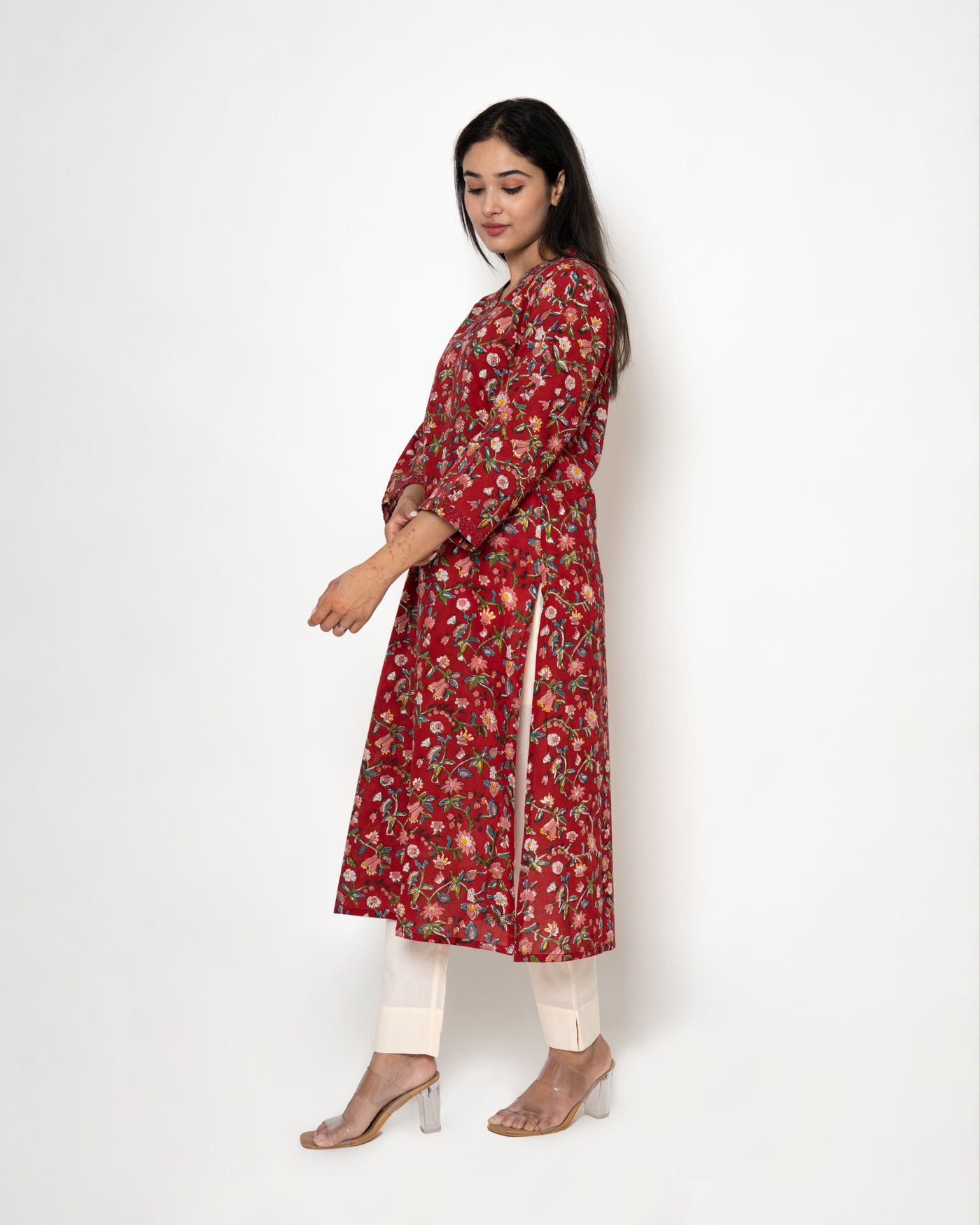 Bloomy Ruby Handblock Print Cotton Kurta Set