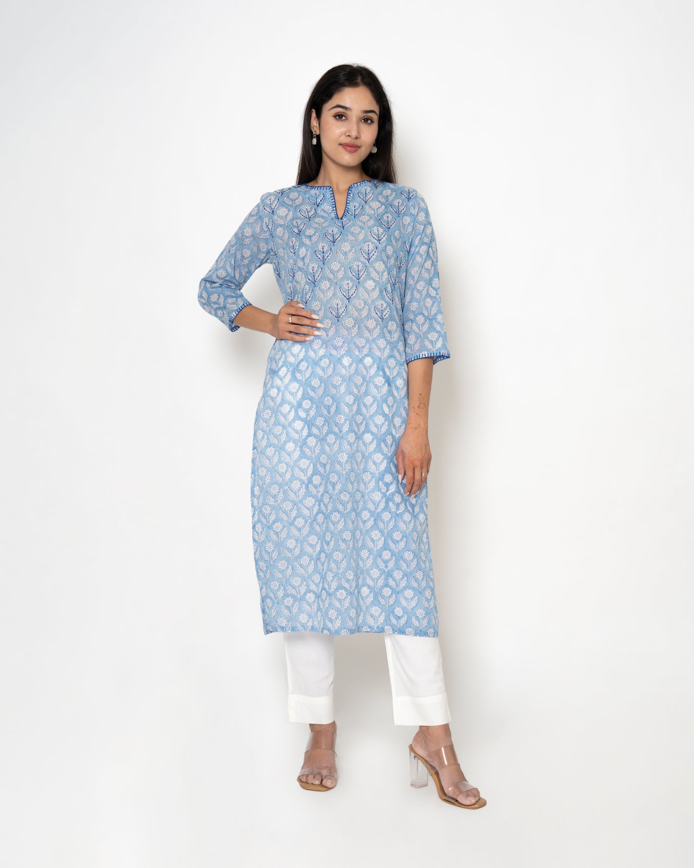 Sky Paradise Handblock Print Mulmul Kurta Set