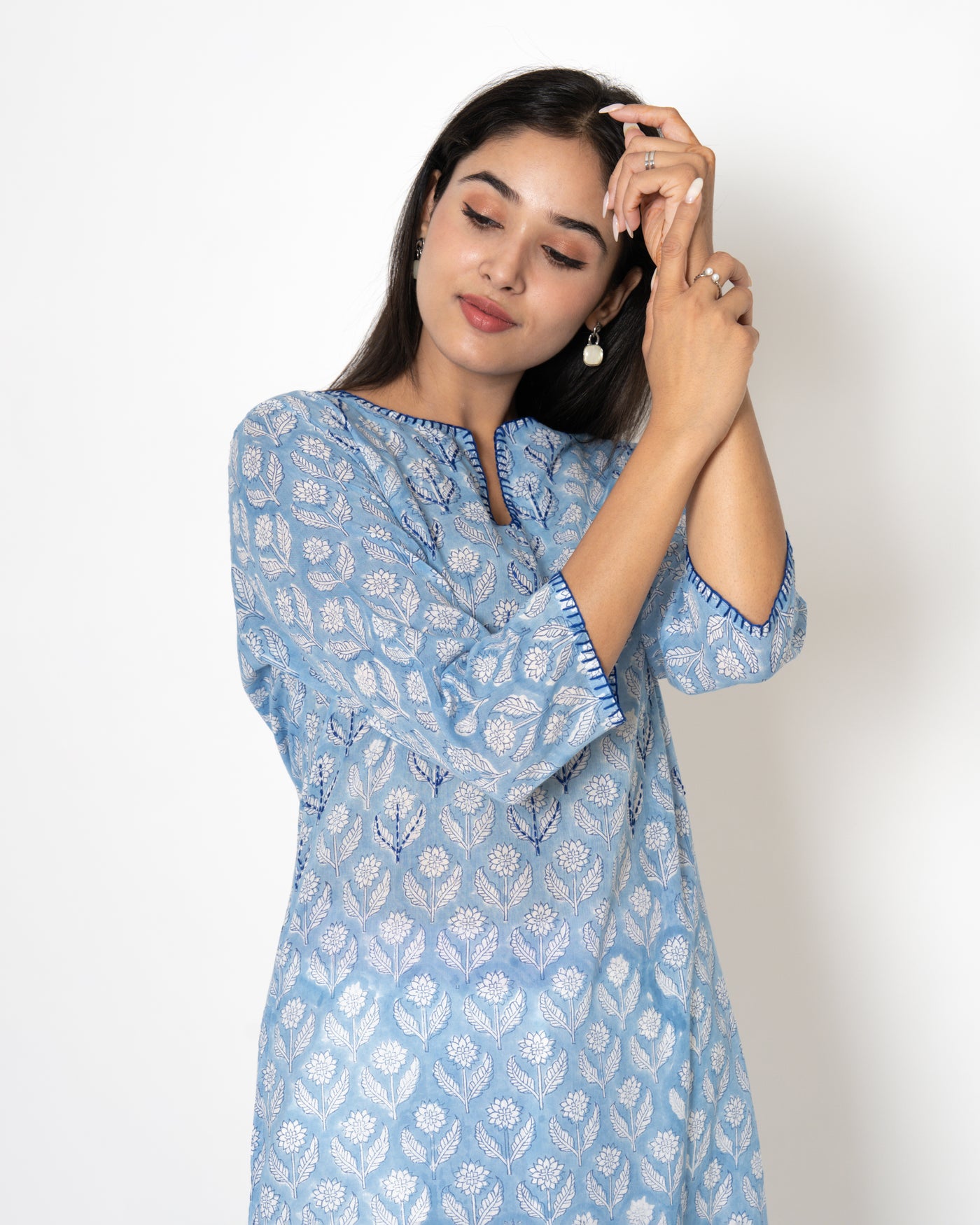 Sky Paradise Handblock Print Mulmul Kurta Set