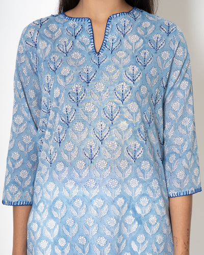 Sky Paradise Handblock Print Mulmul Kurta Set