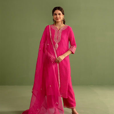 Hot Pink Mothra Print Georgette Suit Set