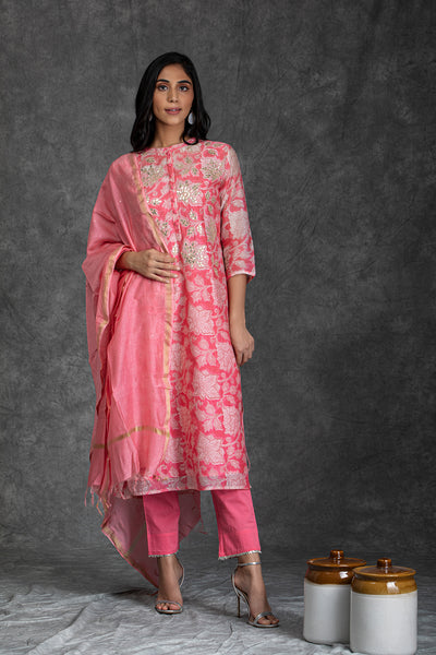 Pink Orchid Handblock Print Chanderi Gota Patti Suit Set