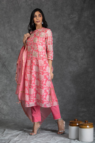 Pink Orchid Handblock Print Chanderi Gota Patti Suit Set