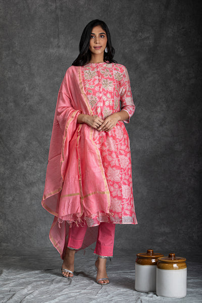 Pink Orchid Handblock Print Chanderi Gota Patti Suit Set