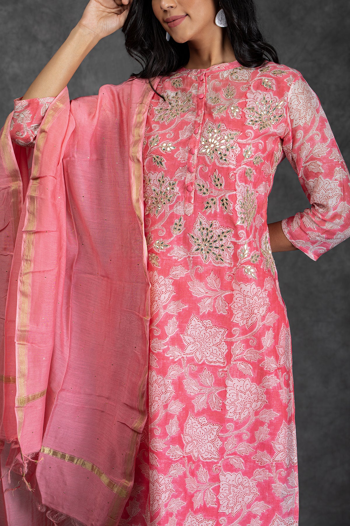 Pink Orchid Handblock Print Chanderi Gota Patti Suit Set