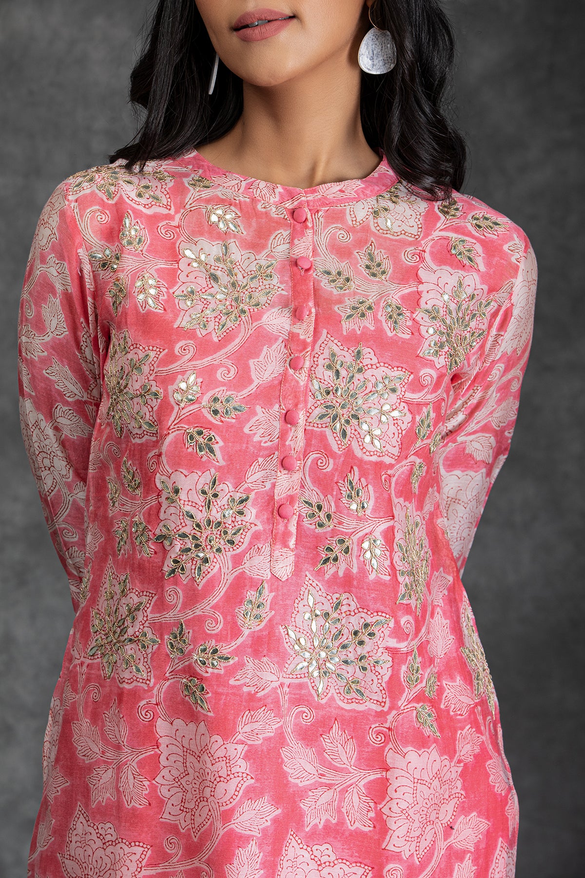 Pink Orchid Handblock Print Chanderi Gota Patti Suit Set