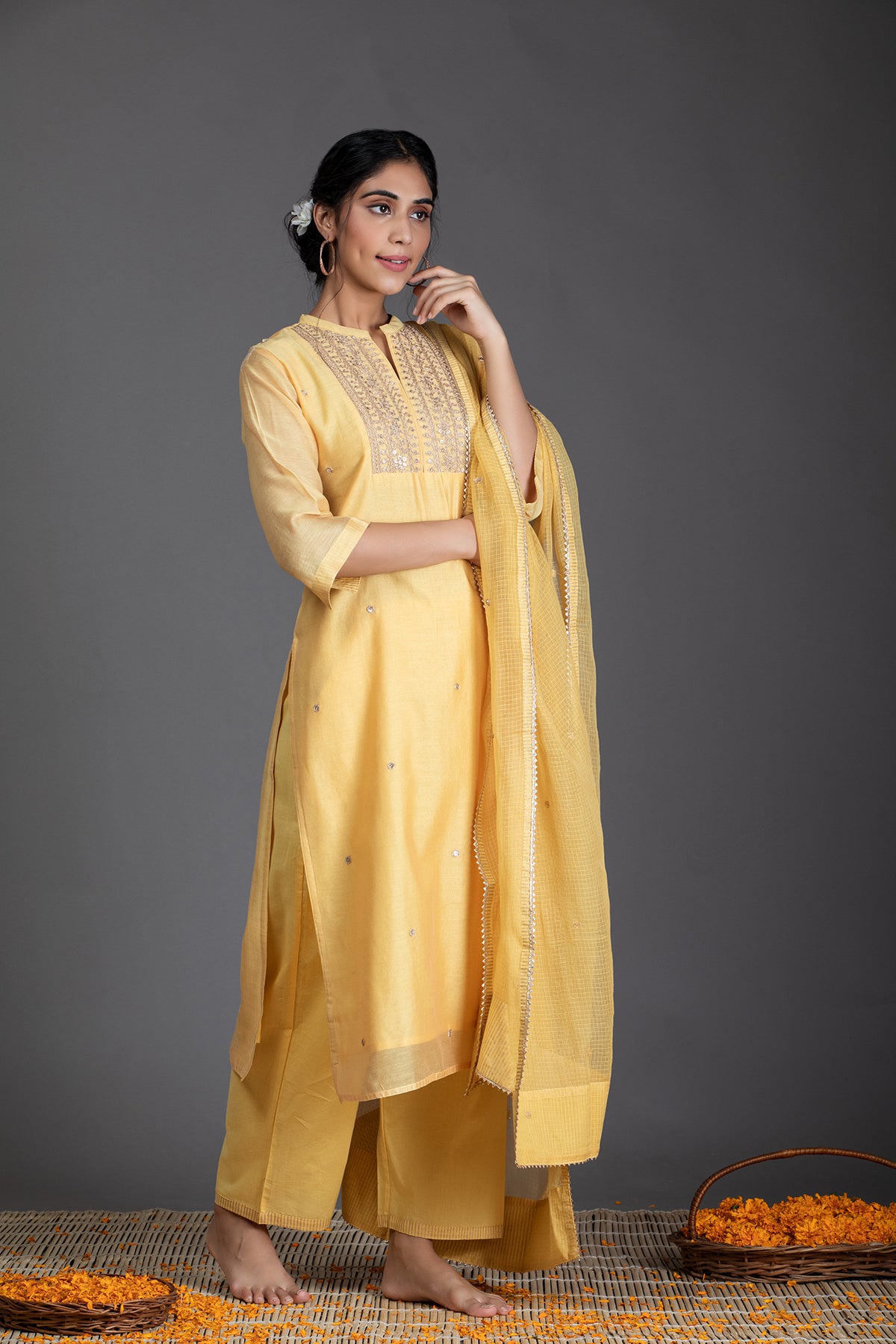 Summer Daffodil Marori Work Chanderi Suit Set