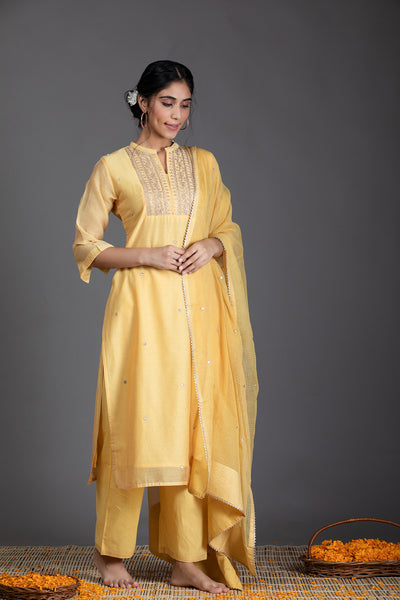 Summer Daffodil Marori Work Chanderi Suit Set